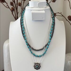 Three Layer,Faux turquoise flower on silver chain,silver tone beads